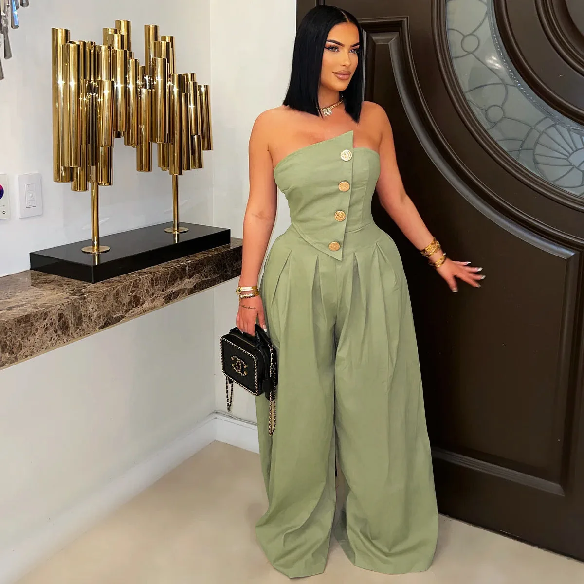 

Sexy Strapless Sleeveless Wide-Leg Jumpsuit Trendy Metallic Button Utility Romper Loose Solid Jumpsuits