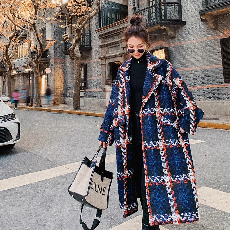 Plaid Woolen Overcoat Women Clothing Mid-Length 2023 Winter New Loose Jacket Thick Warm Top Tweed Outwear Lady Long-Sleeved Coat