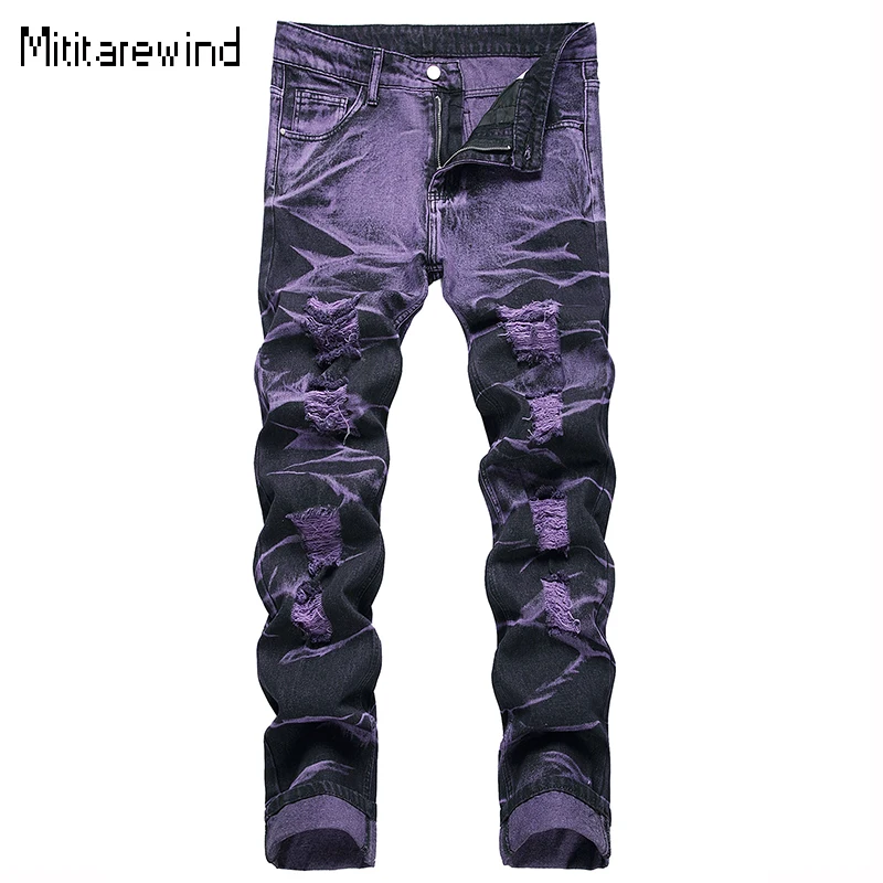 High Street Ripped Jeans for Men Four Seasons Causal Denim Pants Personalized Purple Black Straight Jeans Fashion Youth Trousers