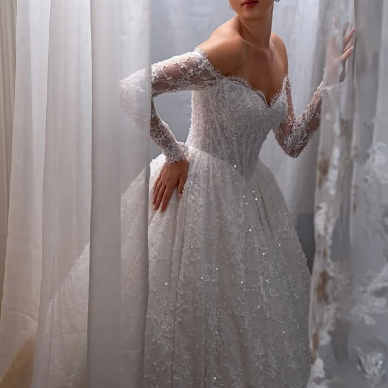 

Shiny simple ivory white beading Appliques Wedding Dresses of A-line Bow Bridal beading Gowns Made Customized