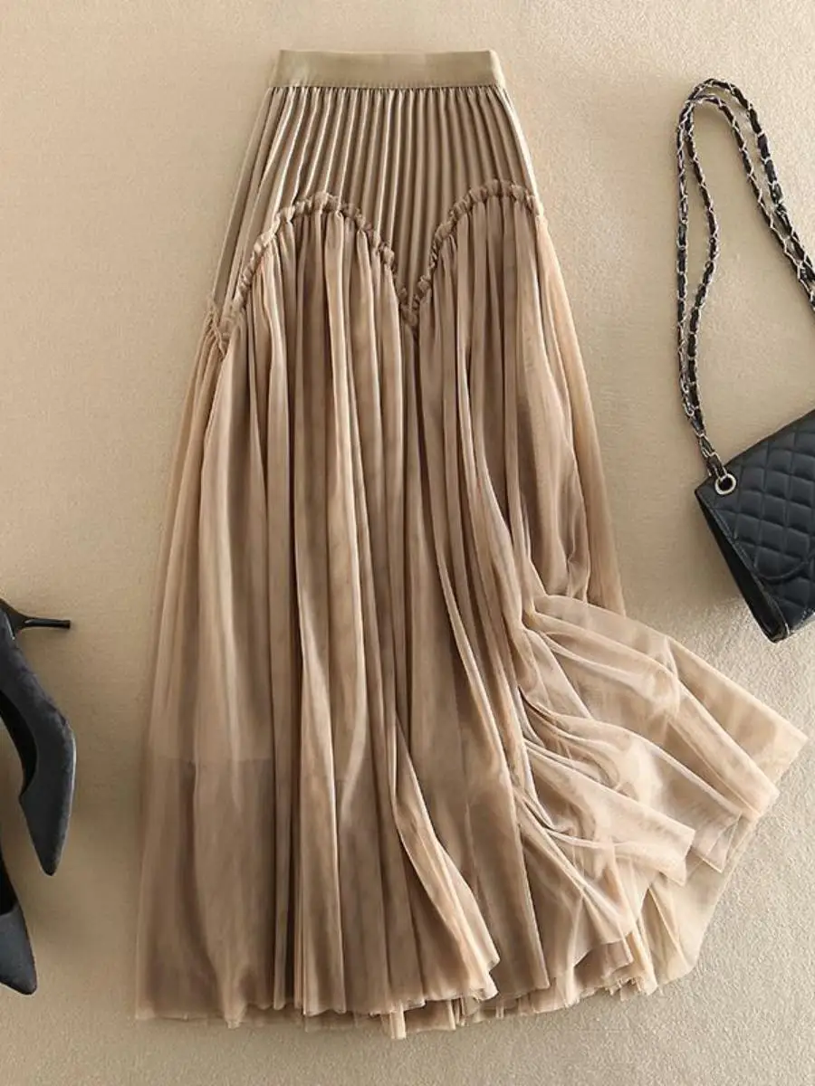 

Ele Textured Midi Skirt Classic Versatile A-Line f-length Design Patchwork Me Gauze Pleated Skirt for Women