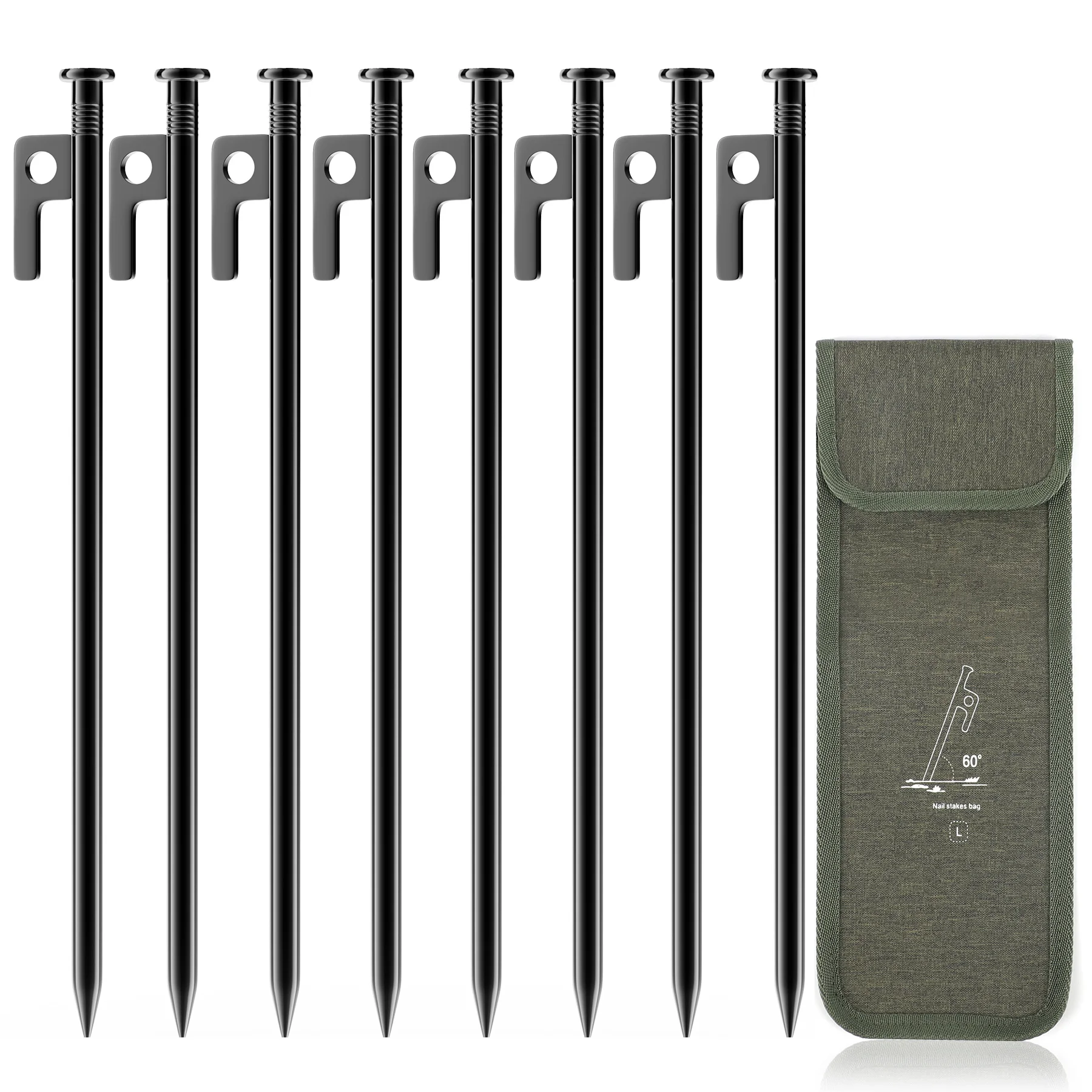 8x Heringe aus Stahl mit Aufbewahrungstasche, 30CM Zeltheringe Camping Heringe Zelt Bodenanker Felsbodenhering für Harte Böden, Wald, Wiesen