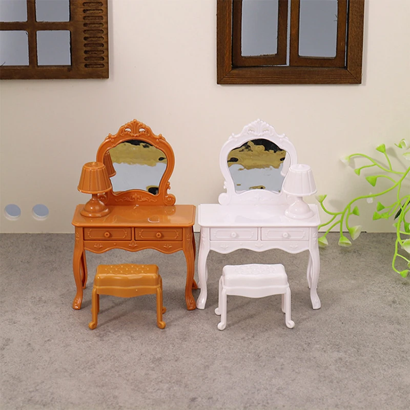 1 مجموعة دمية مصغرة منضدة الزينة مع مرآة السرير الجدول كرسي المكياج الجدول ديكور المنزل لعبة بيت الدمية الملحقات