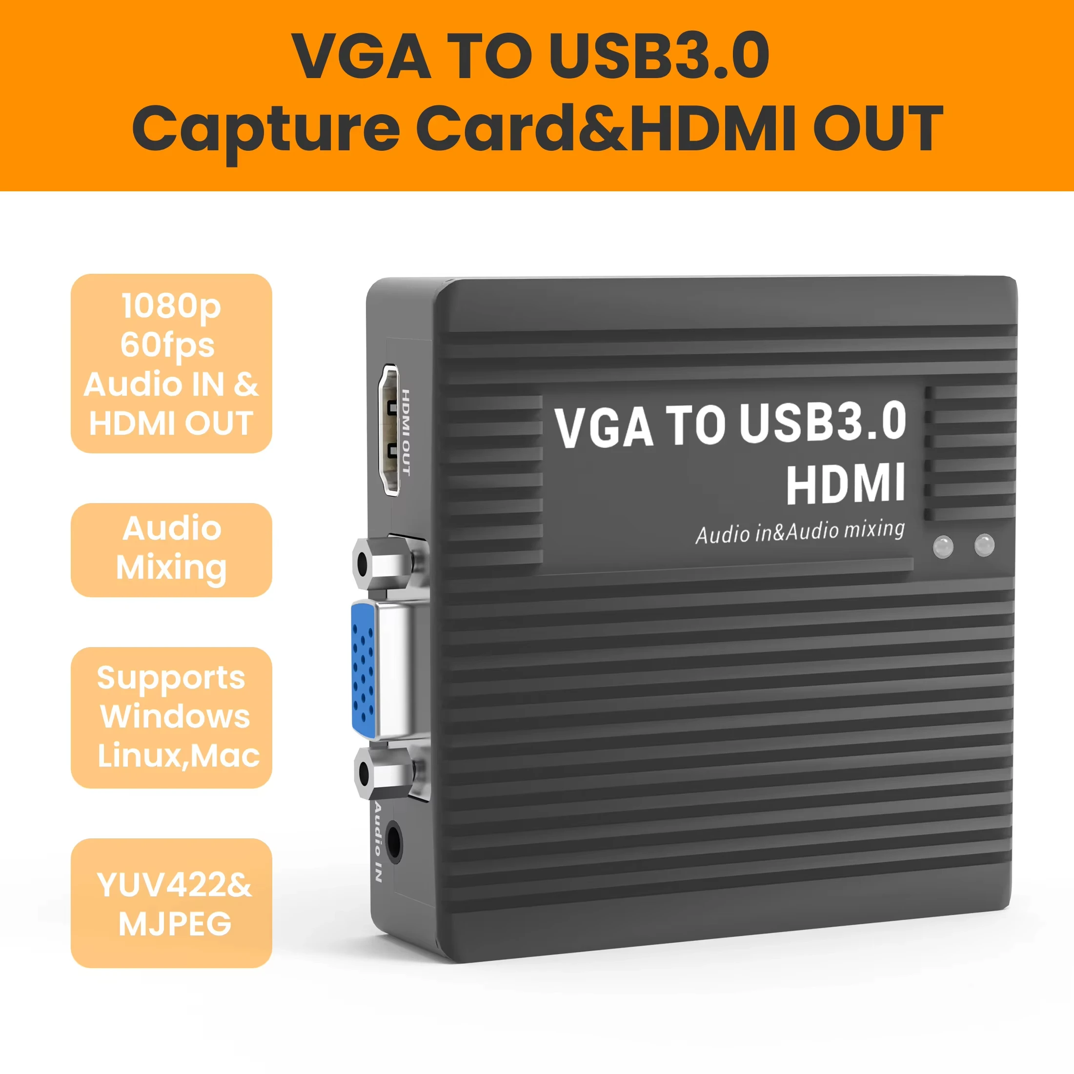 

LCC385 VGA to USB 3.0 Capture Card,1080P 60FPS,Audio Input & Mixing, UVC/UAC,VGA to HDMI Converter,Streaming, Gaming,Conference