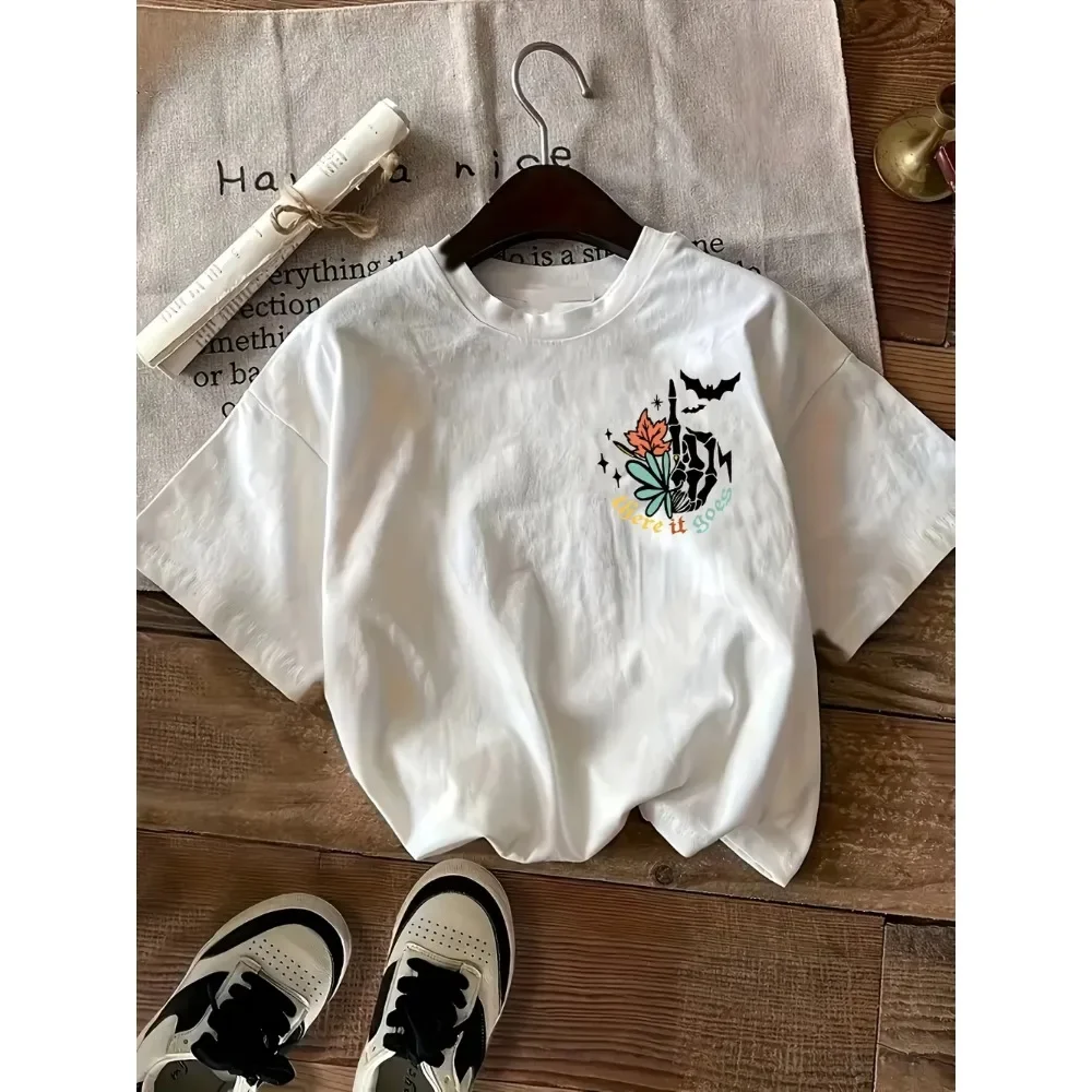 Vintage Cotton Skull Printed Cotton T-shirt Hallowen Short Sleeve Crew Neck Casual Top for Summer Spring Men Women's Clothing