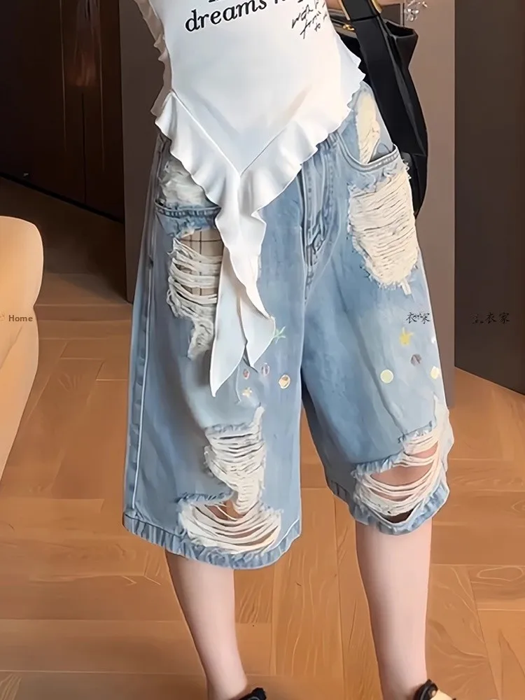 Retro American Design Washed out Distressed Denim Jeans High Waist Wide Leg Seven-Foot Pants for Women Summer New Style
