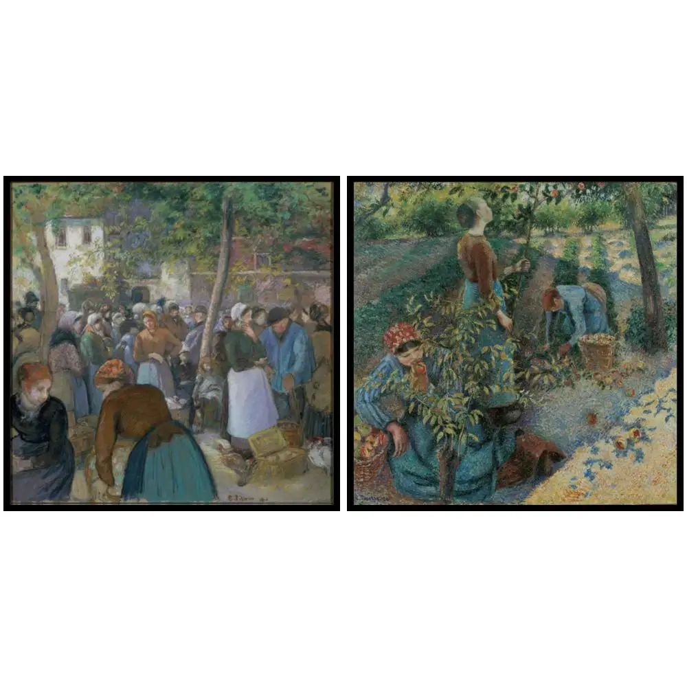 

Camille Pissarro Hand Painted Oil Painting Apple Picking and Poultry Market Vintage Style Canvas Wall Art for Kitchen Decor