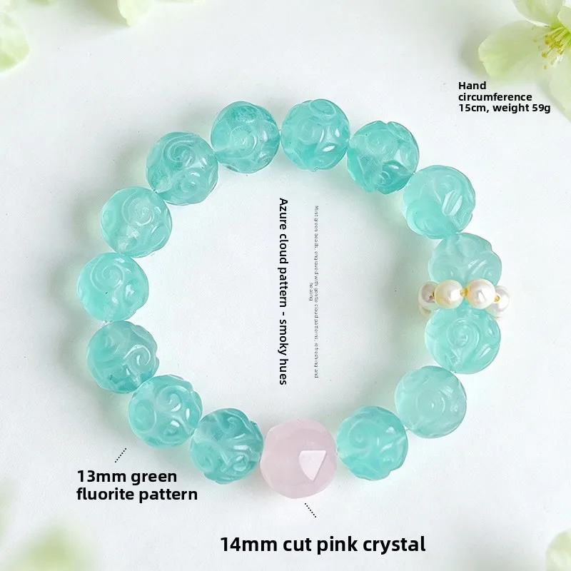 Chinese Style Auspicious Cloud Carved Green Fluorite Bracelet For Women Faceted Rose Quartz Pearl Beaded Lucky Blessing Jewelry