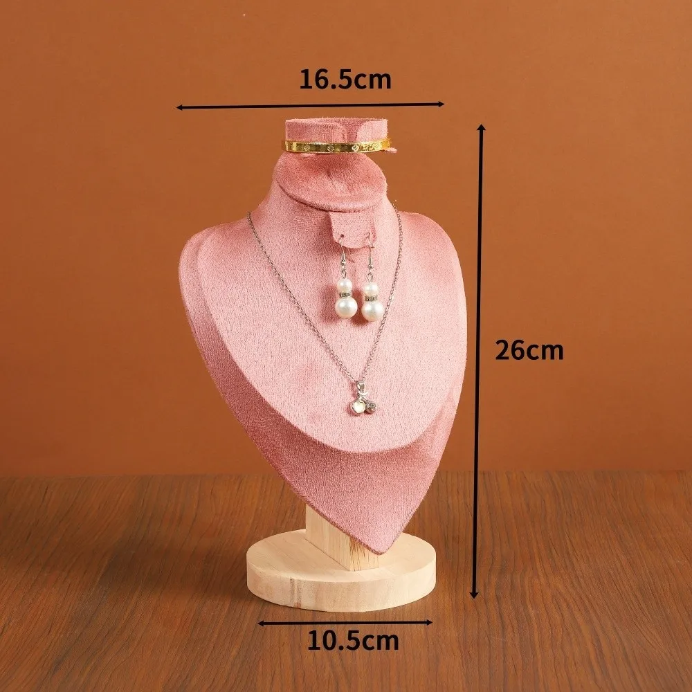 Solid Wood Jewelry Display Bust Velvet Surface 3 In 1 Design Jewelry Stand Pink Velvet Cover Human Neck Shape Jewelry Showcase