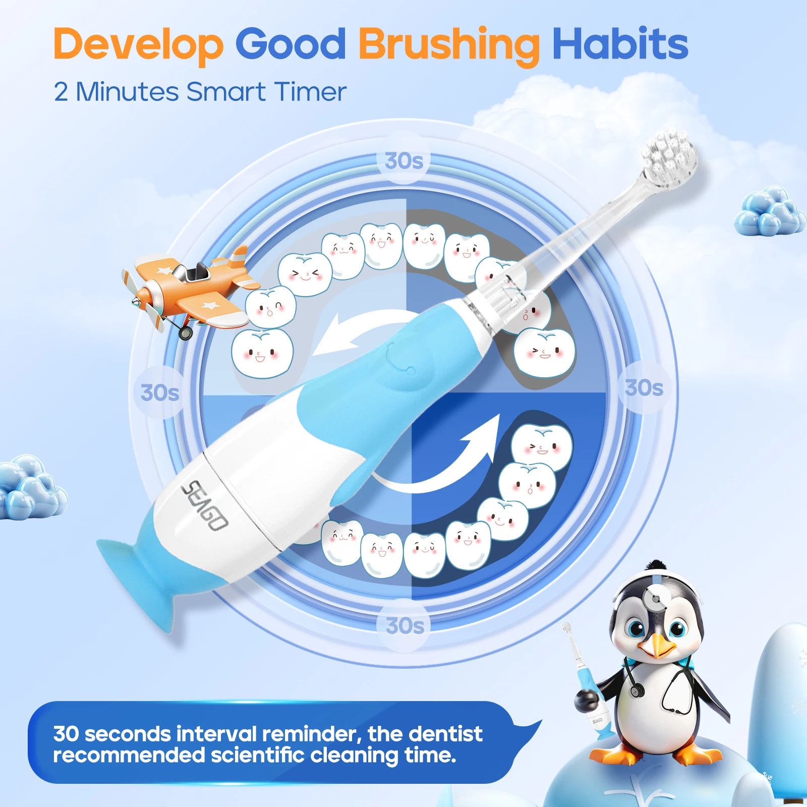 Seago Kids Electric Toothbrush Baby Brush Sonic Toothbrush 4 Replacement Brush Heads Observing Light  Suction Base 4 Color Child