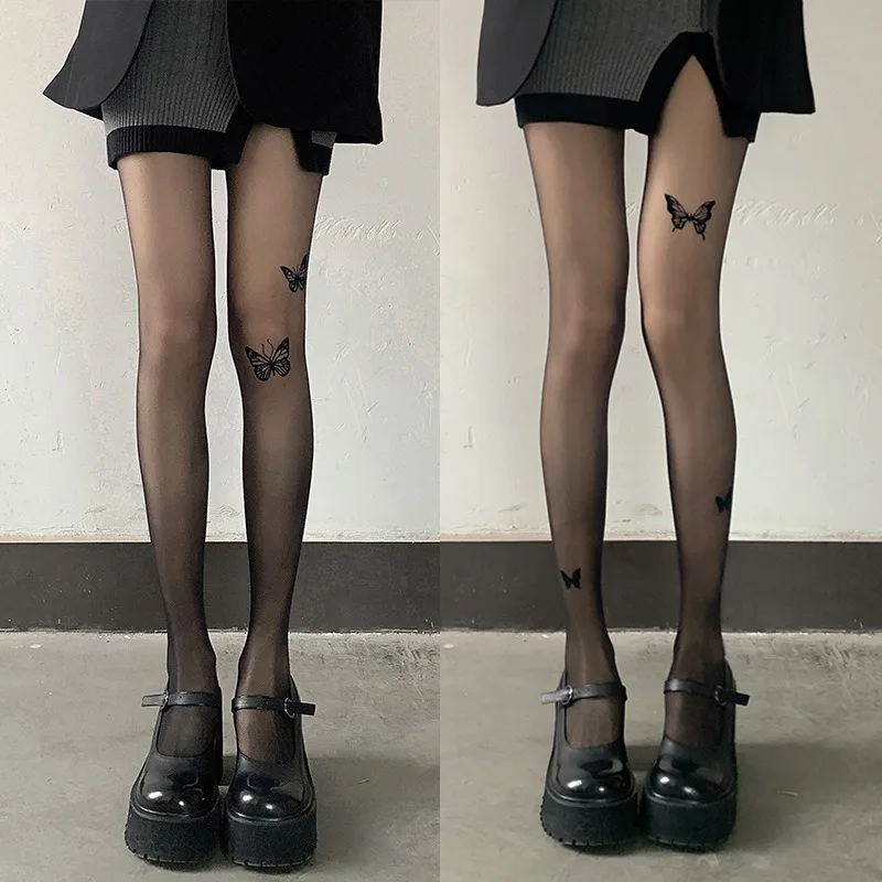 Women Butterfly Print Tights Pantyhose Spring Summer Black Nylon Ultra-thin Stockings Hosiery Spicy Girl Party Club Stockings