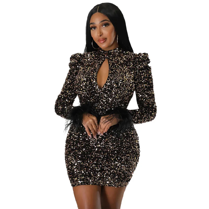 Jesienno-zimowa damska modna solidna kolorowe cekiny z długim rękawem i plecless seksowne wycięte do klubu na imprezę szczupłe dopasowana sukienka