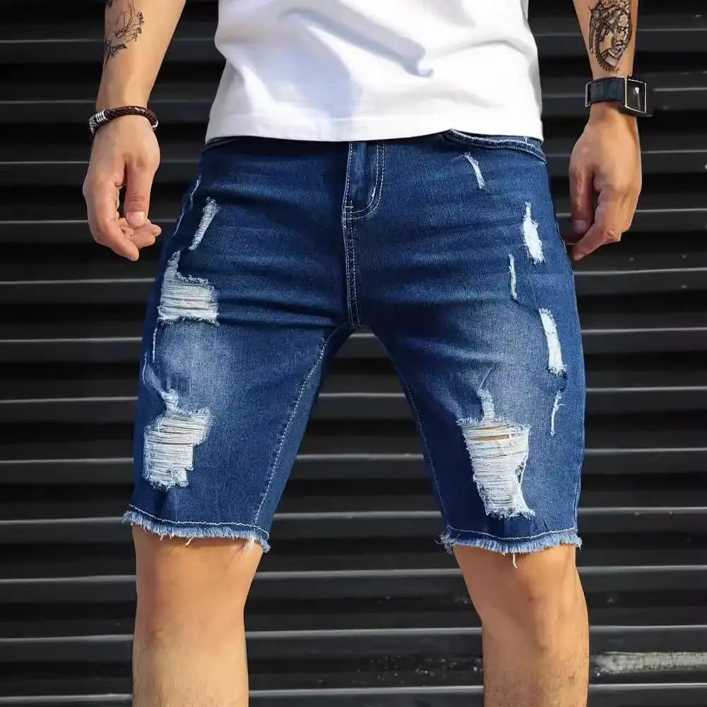 

Straight Leg Denim Shorts Stylish Men's Denim Shorts with Tapered Legs Ripped Holes Design Knee-length Cut Versatile Style for A