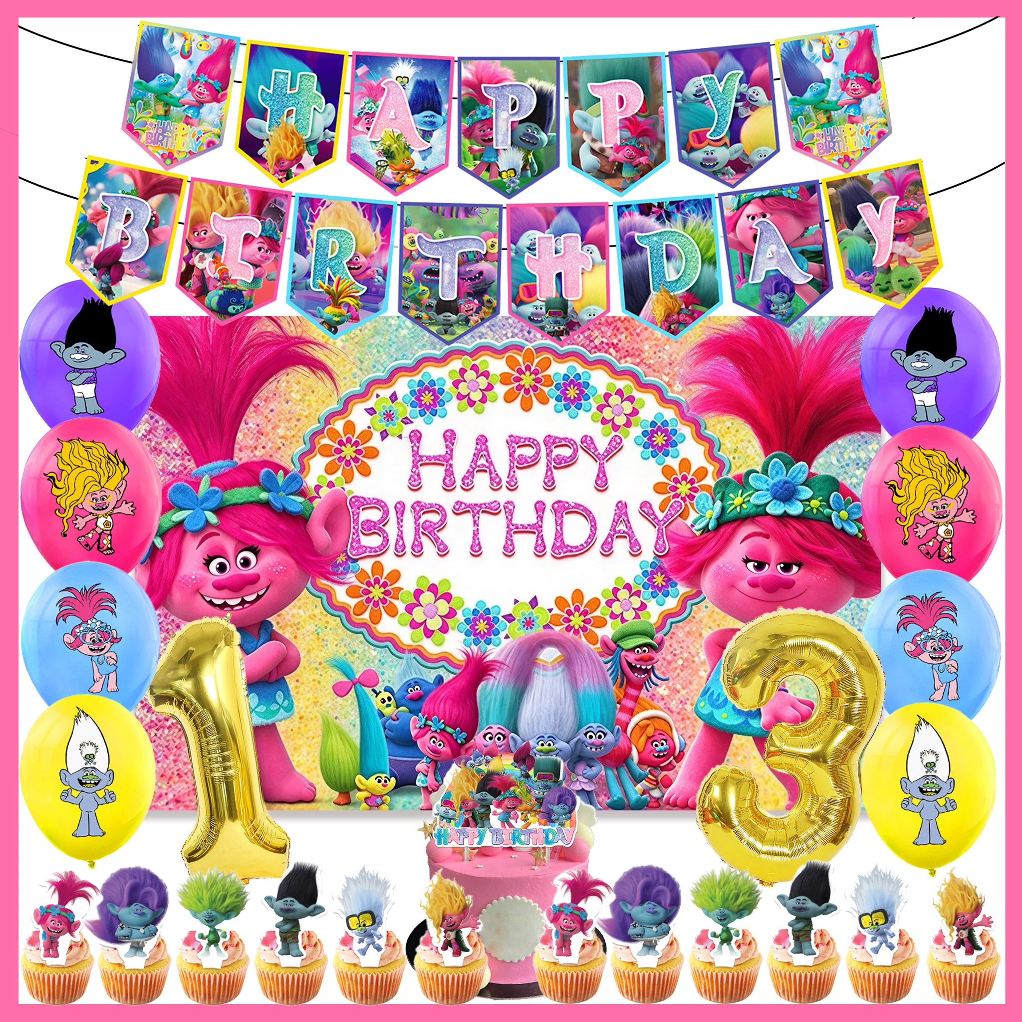 Cartoon Topic Trolls Birthday Party Supplies Elves Ornament Baby Shower Girl Gifts Party Set Banner Cake Topper Latex Balloon