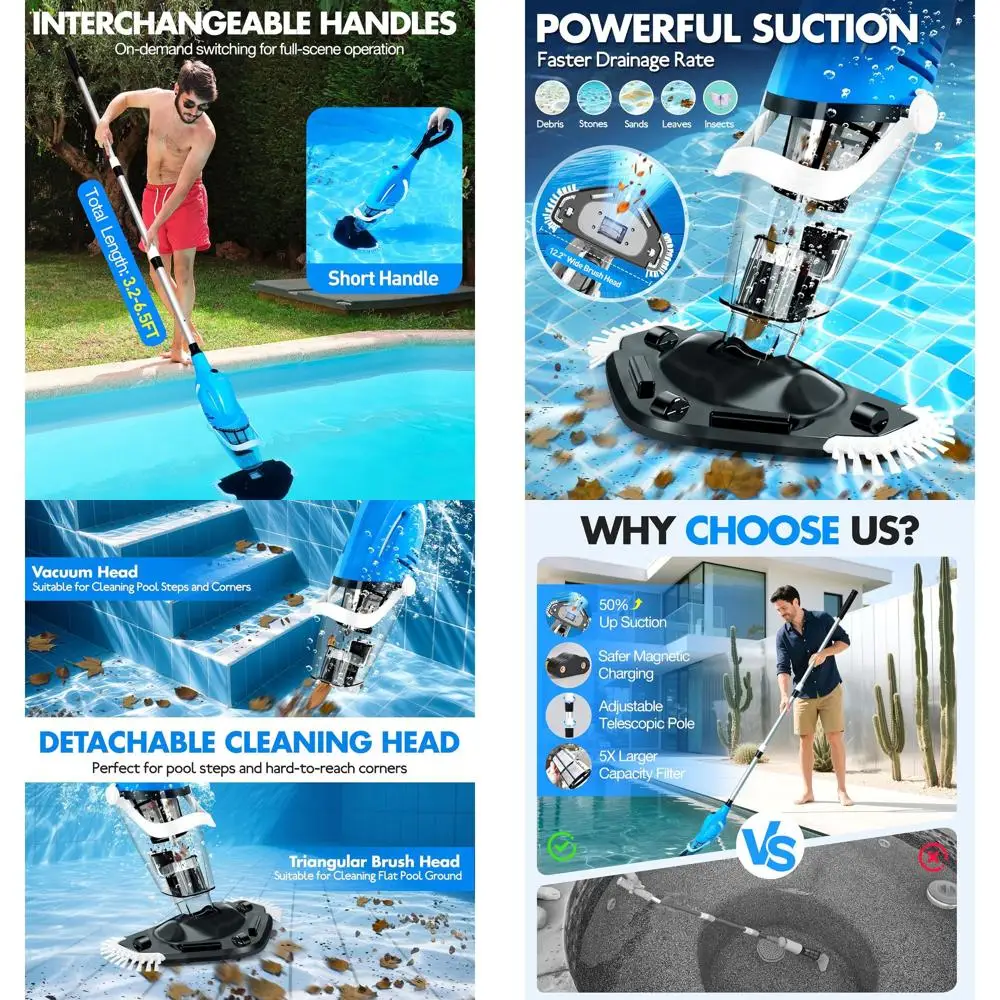 

Беспроводной пылесос для надземного бассейна с магнитной зарядкой, телескопической штангой, предотвращающей обратный поток для гидромассажных ванн, 18,5 галлонов в минуту, 80 минут