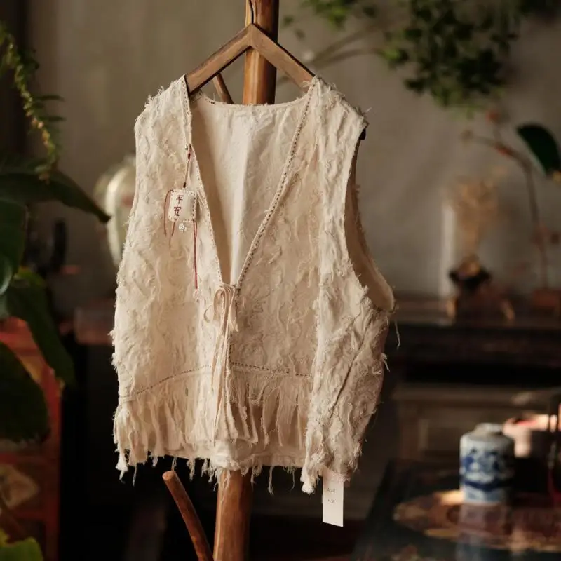 Cotton Linen Material Handmade Stitch Loose Lace-up Vest Spring Summer Tassel Design Women V-neck Sleeveless Coats High Quality