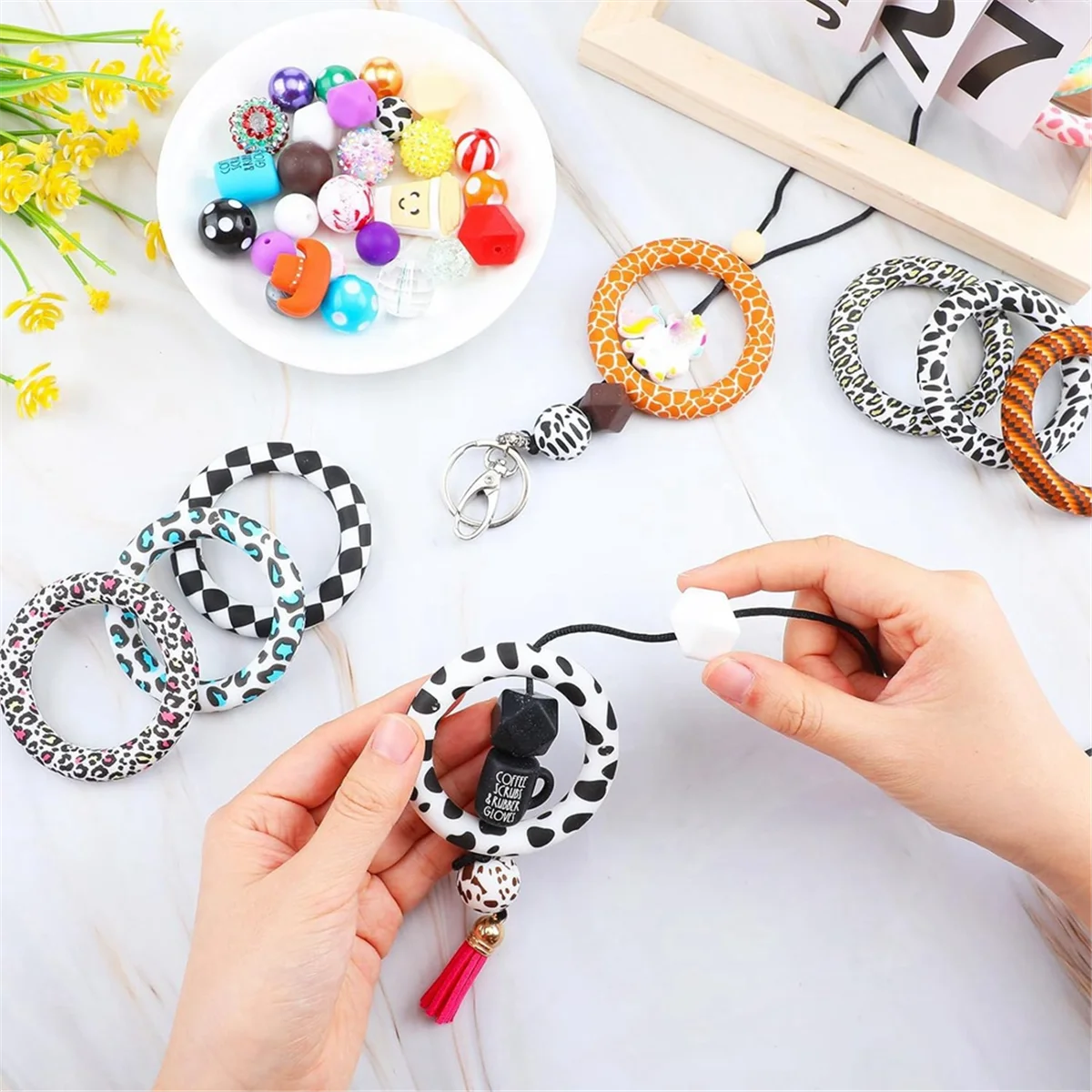 32 PCS Silicone Beaded Rings 65mm Round Silicone Ring DIY Key Chain Necklace Jewelry Making Charms