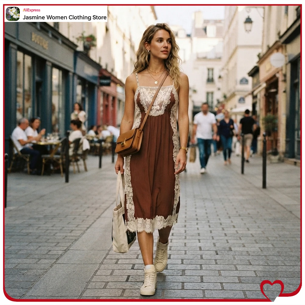 New in Summer Fashion Women Lace Strap Dresses with Straight Hem Sexy Straight Neckline Midi Dresses with Contrast Lace Appliqué