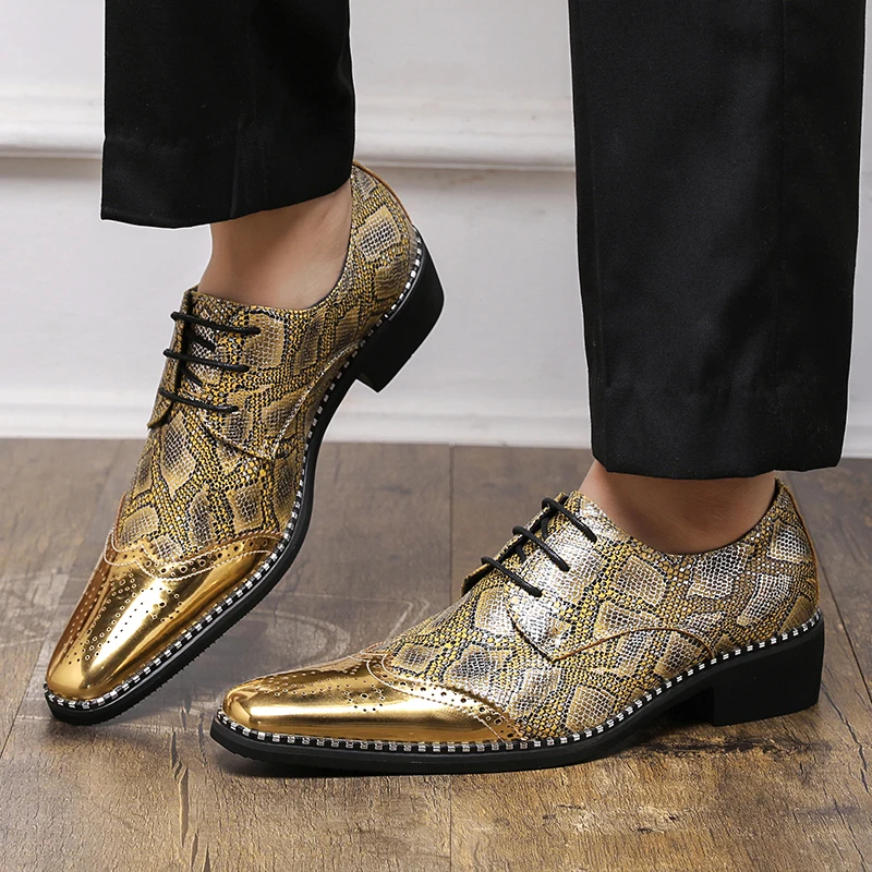 High Quality Men's Classic High-heeled Lace Up Party Shoes Fashionable Men's Gold/silver Sequined Pointed Nightclub Dance Shoes