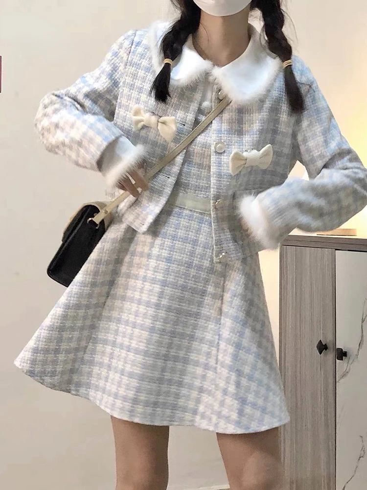 Ensembles de robes à carreaux en tweed pour femmes, vestes en laine Boew, mini robes à bretelles douces, Lolita coréenne élégante, Kawaii, hiver, ensemble de 2 pièces