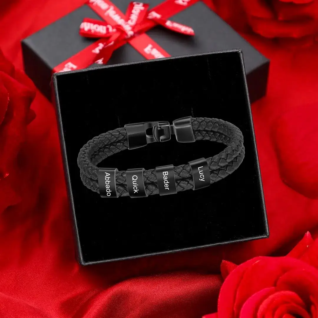 مجموعة أساور جلدية مضفرة شخصية مع صندوق هدايا-سوار رجالي مخصص محفور له سوار رجالي محفور له #2