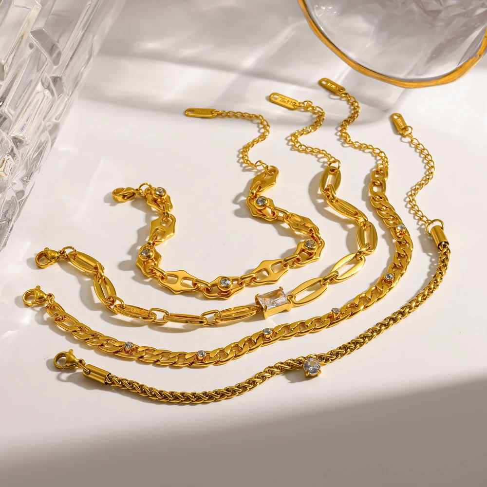 Modisches Design Edelstahl-Armband mit Weißem Zirkon-Besatz, 18K Goldfarben Beschichtet, Wasserdichter Schmuck als Geschenk – Detail 10