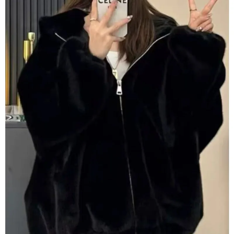 Autumn Winter 2025 Hooded Women Faux Fur Jackets Coat Thick Warm Fluffy Shaggy Outerwear Hoodie Solid Women Clothing