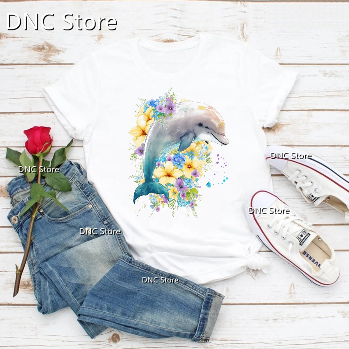 2024 New Women's t-shirt Funny Marine Dolphin Print Femme Tshirt Fashion Casual Women's White Basic Tshirt Tops Wholesale