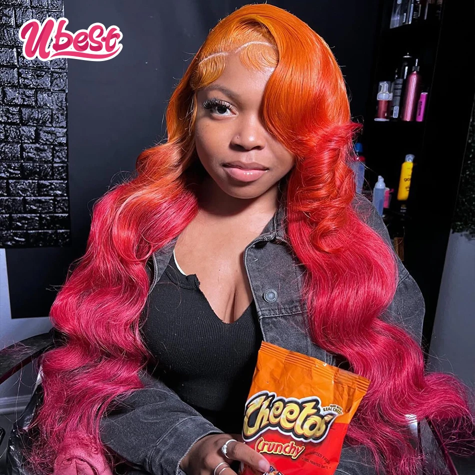 

Ombre Orange Red Colored Body Wave 13x6 Lace Front Wigs Brazilian Hair Transparent 200% Density 100％ Human Hair Wigs For Women