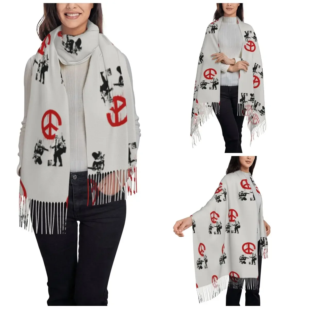 Banksy Street Art Shawl Wrap for Ladies Winter Large Soft Scarf Graffiti Spray Pashminas Tassel Scarves