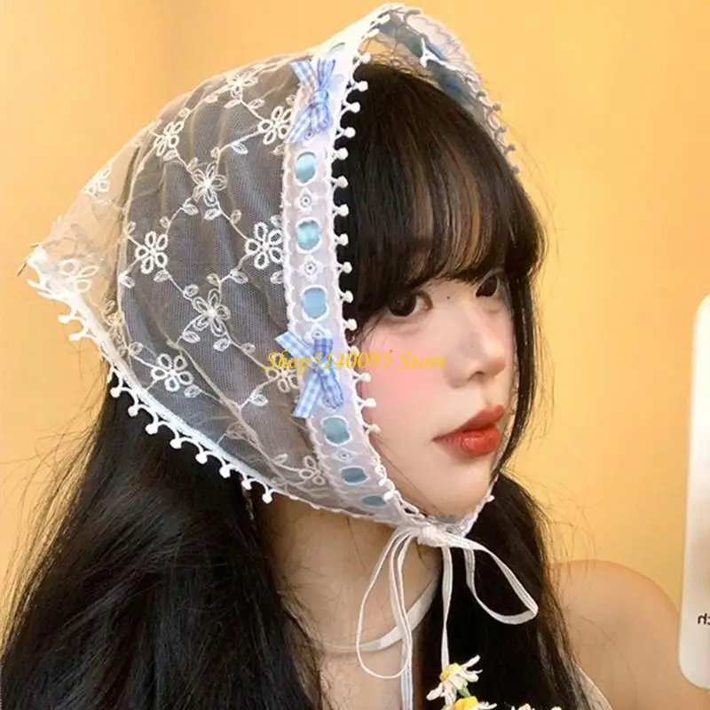 

DXAE Headscarf Bowknot Embroidered Lace Bandana Headdress Photo Props Handmade Headwear Headscarf Accessories