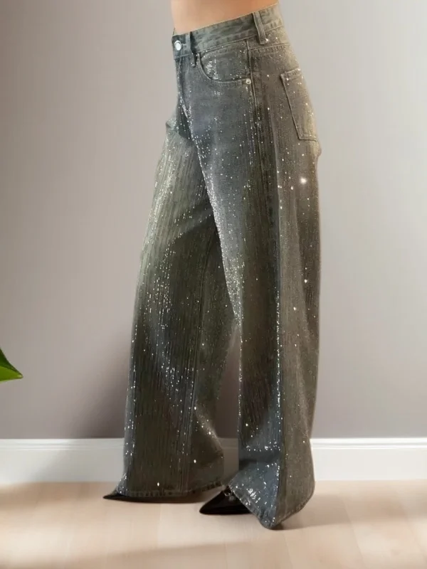 

iny Diamond Embellied Loose Wide Leg Jeans High Waist Bootcut Pants Casual Sle Spring Collection Women's Premium Faion