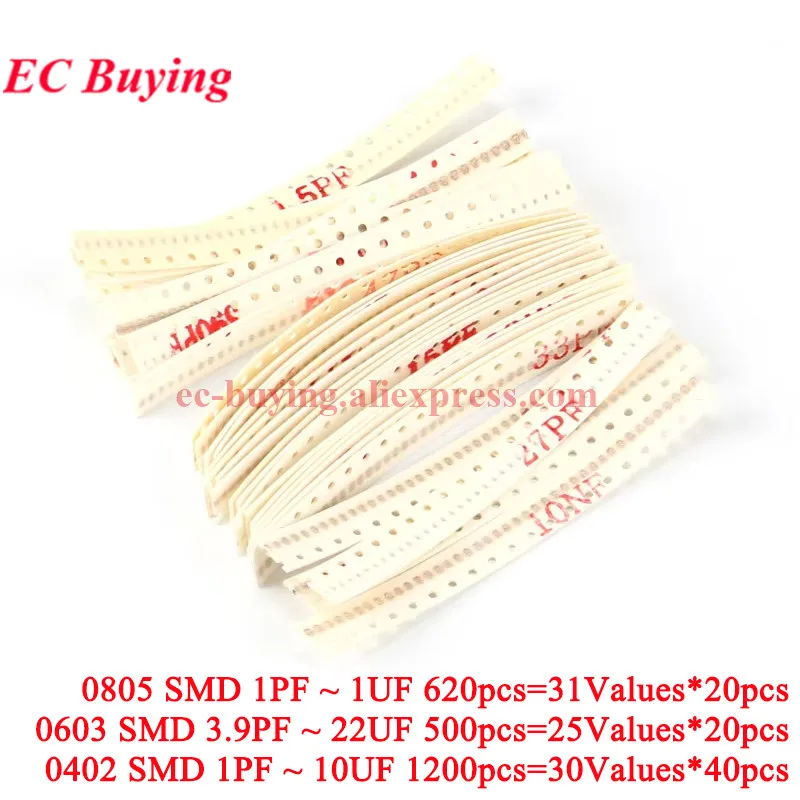 500pcs-1200pcs 0805 0603 0402 SMD Capacitor 1PF -1UF 3.9PF-22UF 1PF-10UF Components Package Capacitor Assorted Kit Samples DIY