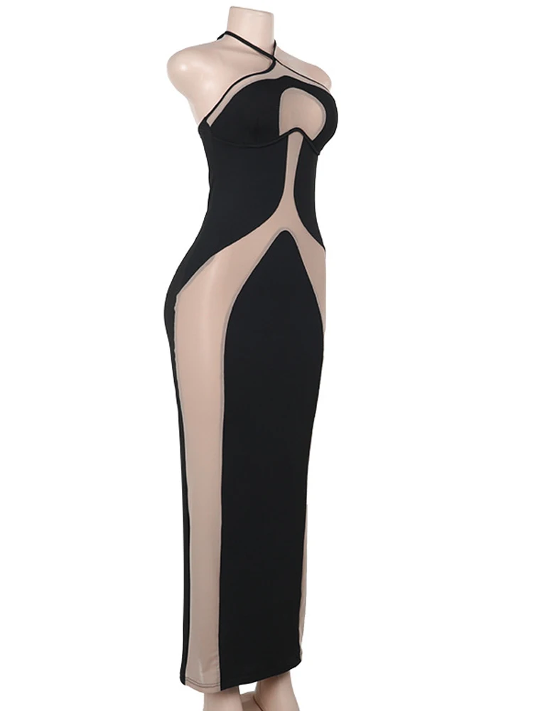 Beyprern-vestido ceñido con recorte de malla, ilusión Sexy, ropa de fiesta de noche para discoteca, vestido largo transparente recortado abstracto con estilo