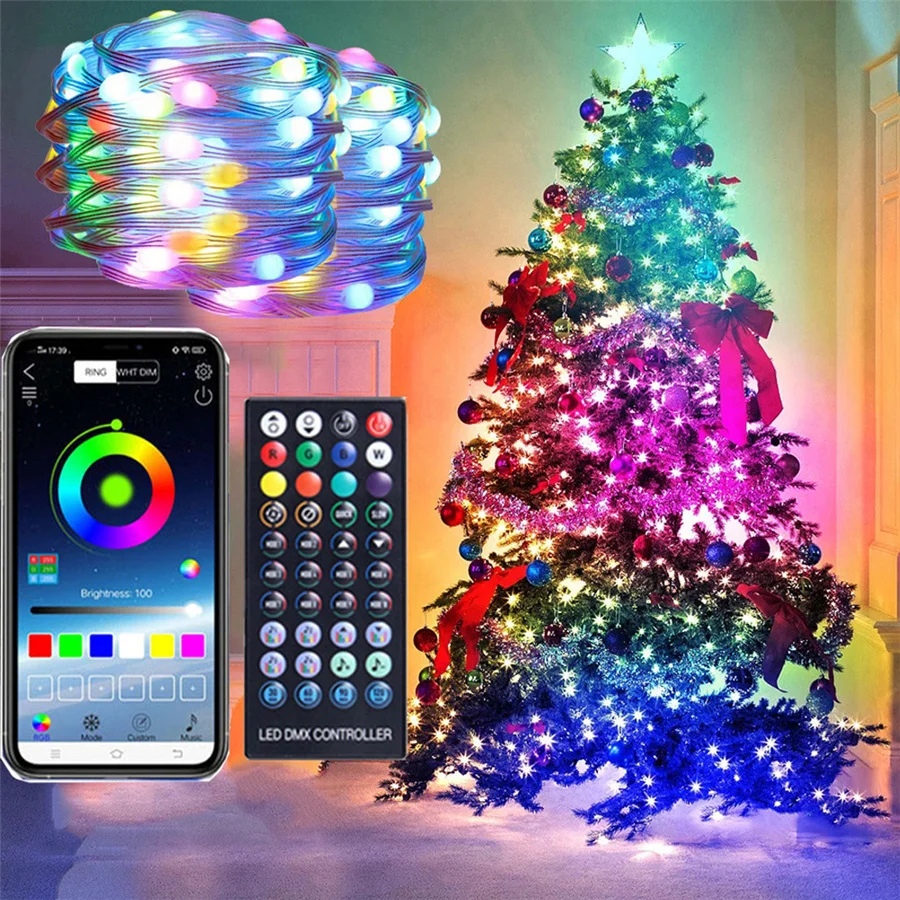 Guirxiété lumineuse d'arbre de Noël intelligente, contrôle d'application, télécommande USB, BT, lumières dégradées RVB, guirxiété pour fête de jardin, décoration de mariage, 10m, 20m