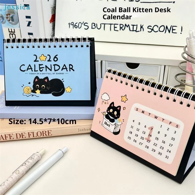♥ 2026 Kohleball-Kätzchen-Tischkalender, schwarzer Tischkalender mit Katzenmotiv, Kawaii-Tischplaner mit bezaubernden Katzenillustrationen