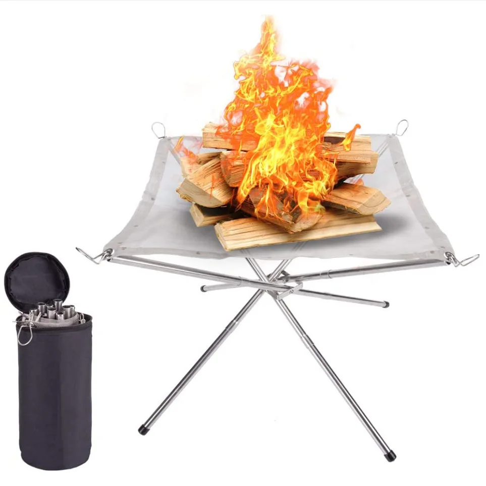 Portable Garden Firepits with Independent Storage Bag 4 Legs Collapsible Stainless Steel Mesh Camping Fire Pits Fireplace