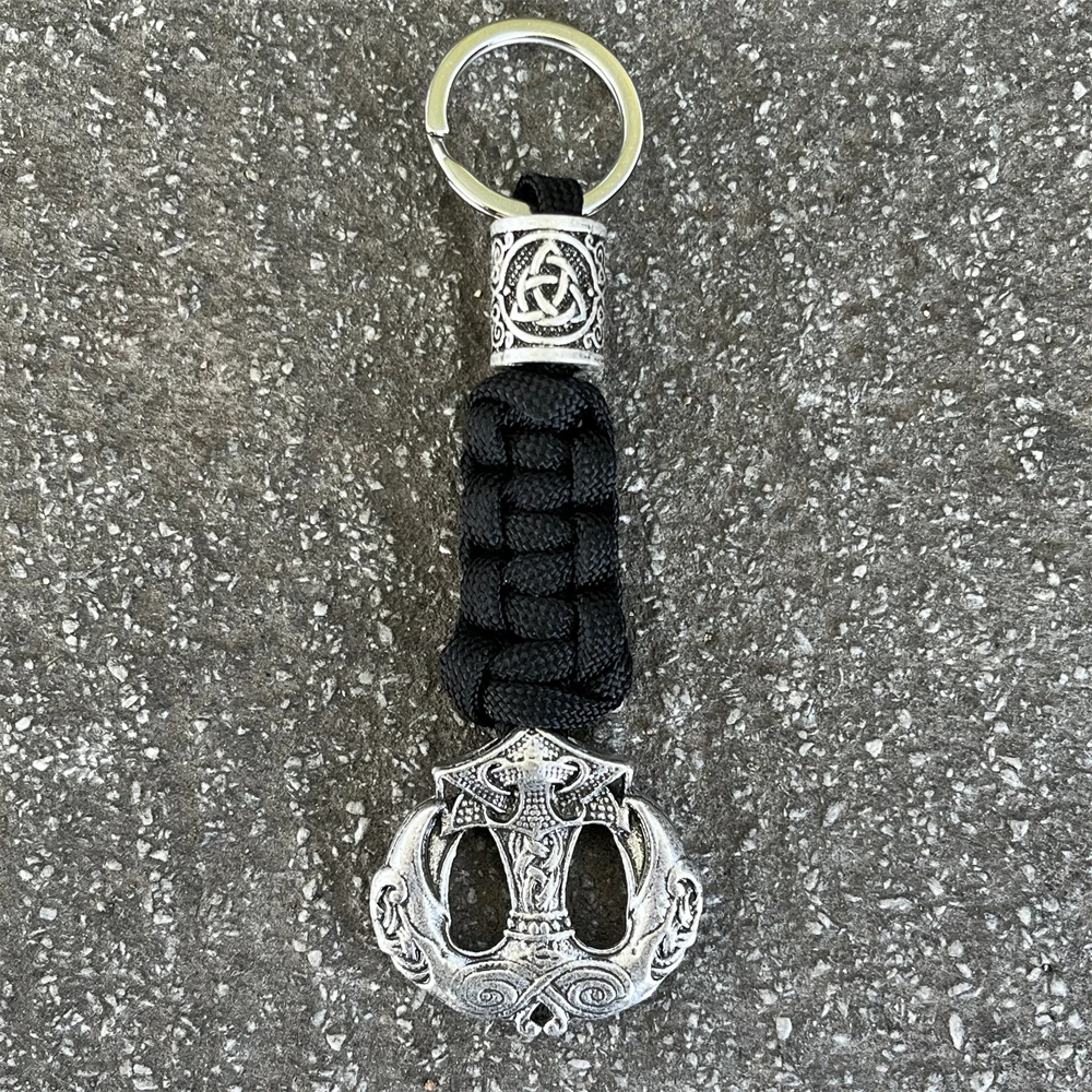 Nostalgia 1Pcs Double Ravens Carrying Thor Hammer Keychain Norse Beads Black Paracord Rope Keyholder For Key Car Bag Accessories