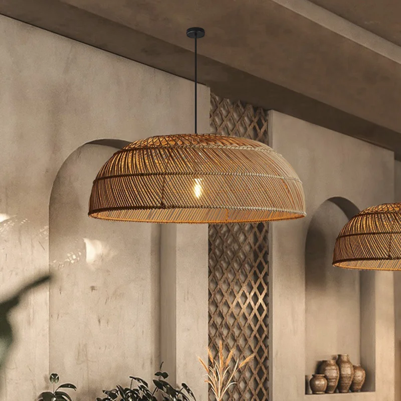 Southeast Asian Semicircle Rattan Lamp Handmade Vintage Pendant Lights for Restaurants Hot Pot Dining Room Rural Pastoral Lamps