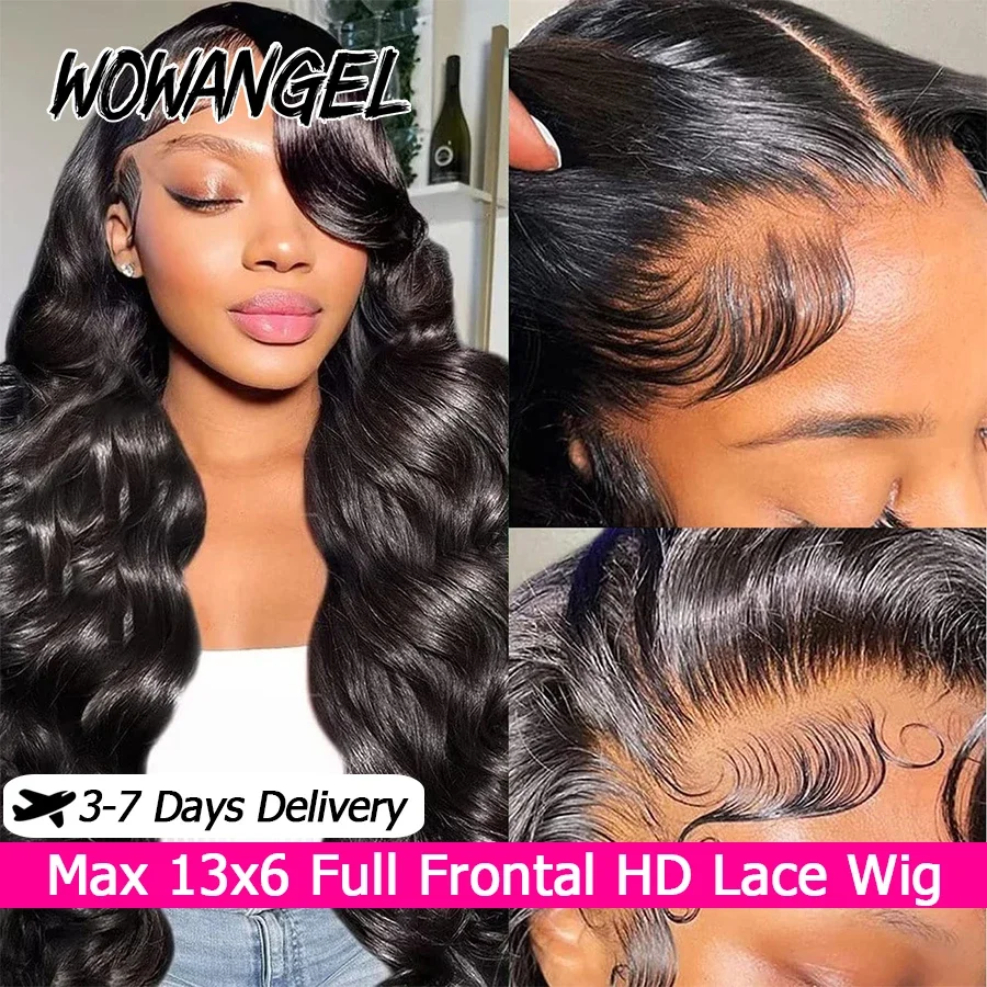 WOWANGEL Jet Black Body Wave Lace Front Human Hair Wig 250% Brazilian Virgin 13x6 HD Lace Full Frontal Wig Pre Plucked For Women