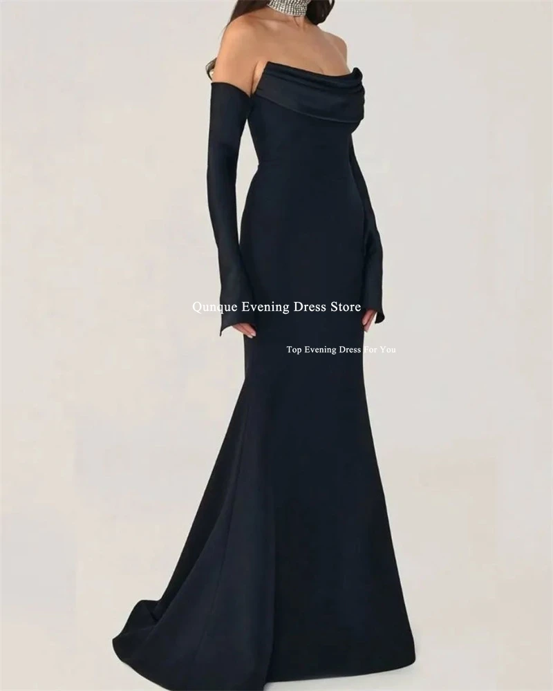 Qunque Detachable Sleeves Black Mermaid Prom Dress Long Pleated Vestidos De Fiesta Elegant Women Customized Evening Party Gowns