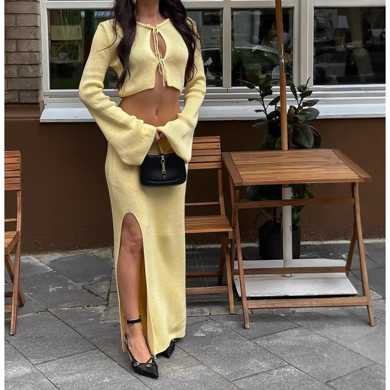 

Fall/Winter 2025 New Lace-up Long Sleeve Skirt Set Flared Sleeve Cardigan Slit Skirt Set