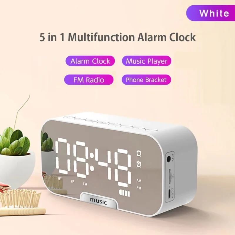Bluetooth Speaker with LED Mirror Screen Digital Dual Alarm Clock with FM Radio Phone Holder Temperature For Bedroom Office