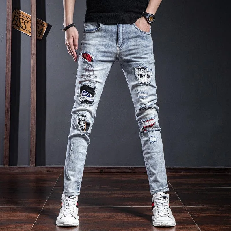 Calça jeans casual confortável respirável de alta qualidade masculina, com elástico estampado, pés pequenos, nova tendência da moda, 28-34, primavera e outono, 2023