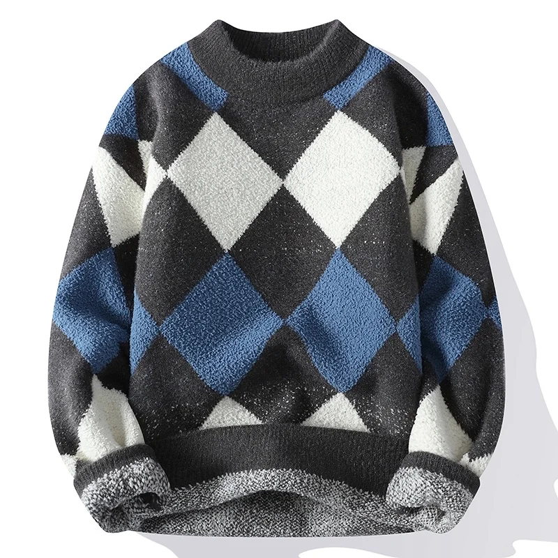 New Winter Loose Turtleneck Sweater Men Streetwear High Quality Fashion Mens Christmas Sweaters Luxury Argyle Cashmere Pullover