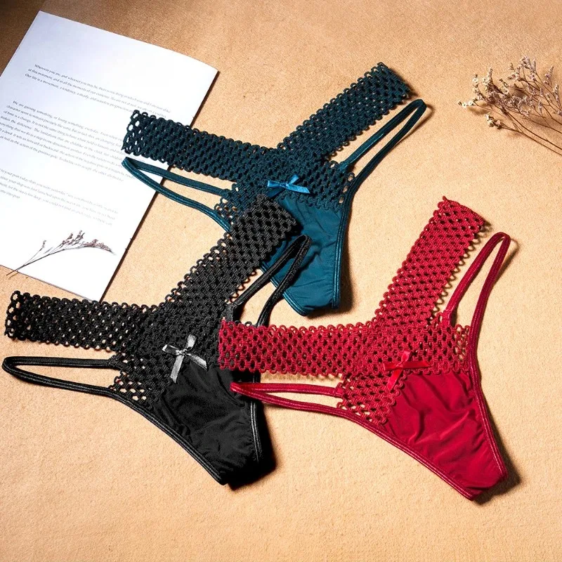Women's Panties Cross Cut Ice Silk Thong Sports Fashion Perspective Low Waist Ribbons Трусы Женские Sexy Lingerie Thongs