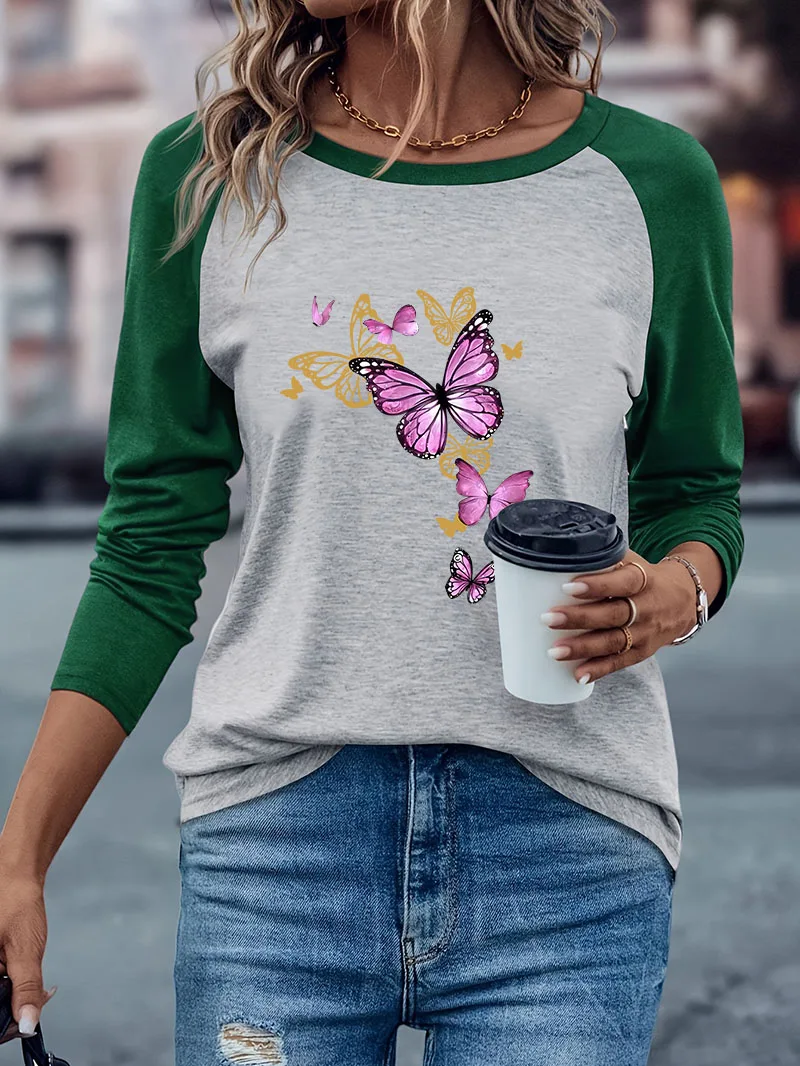 Bestseller Schmetterlingsdruck Lässiges Langarm-T-Shirt Retro T-Shirt Winter Herbst Grafisches Langarm-Soft-T-Shirt für Damen – Detail 4
