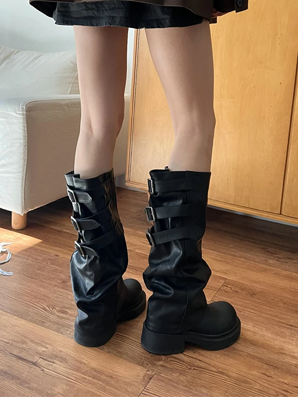 

Рыцарские ботинки в стиле ретро, ботинки на высоком массивном каблуке, женские ботинки, модные зимние нескользящие ботинки из искусственной кожи с круглым носком