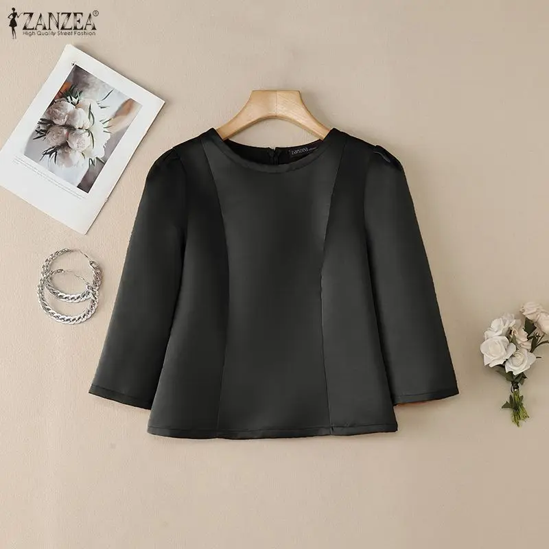 Elegante schwarze Satinblusen für Damen, Retro-Prinzessinnennähte, taillierte kurze Oberteile mit 3/4-Ärmeln, O-Ausschnitt, Hochzeitsgast-Damenkleidung