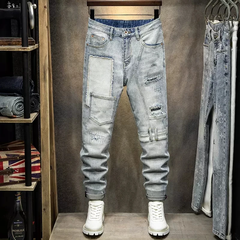 

Street Fashion Men Jeans Retro Light Gray Blue Elastic Slim Fit Ripped Jeans Men Spliced Designer Multi Pockets Hip Hop Pants